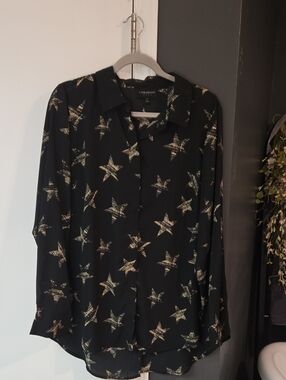 Lane Bryant Black Button-Down Shirt with Gold Star Print
